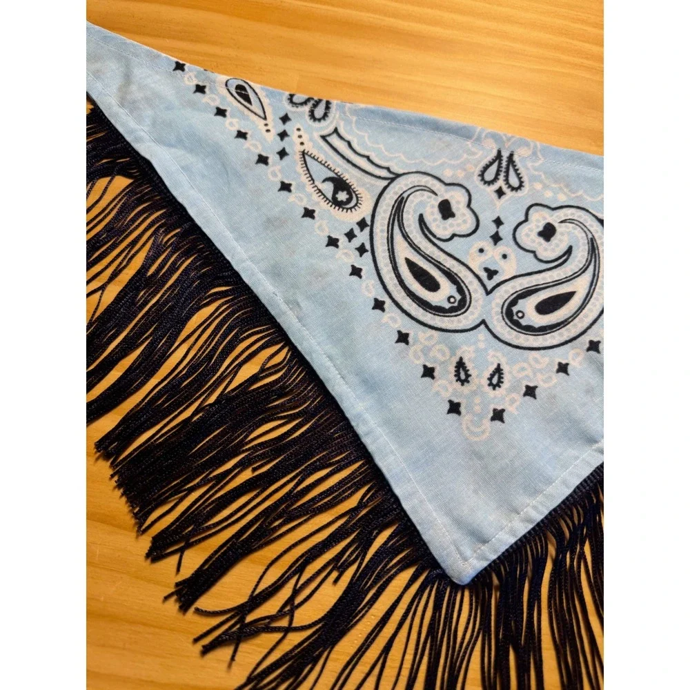Blue Jean Baby Blue Paisley Fringe Dog Bandana | Handmade Western Pet Accessory